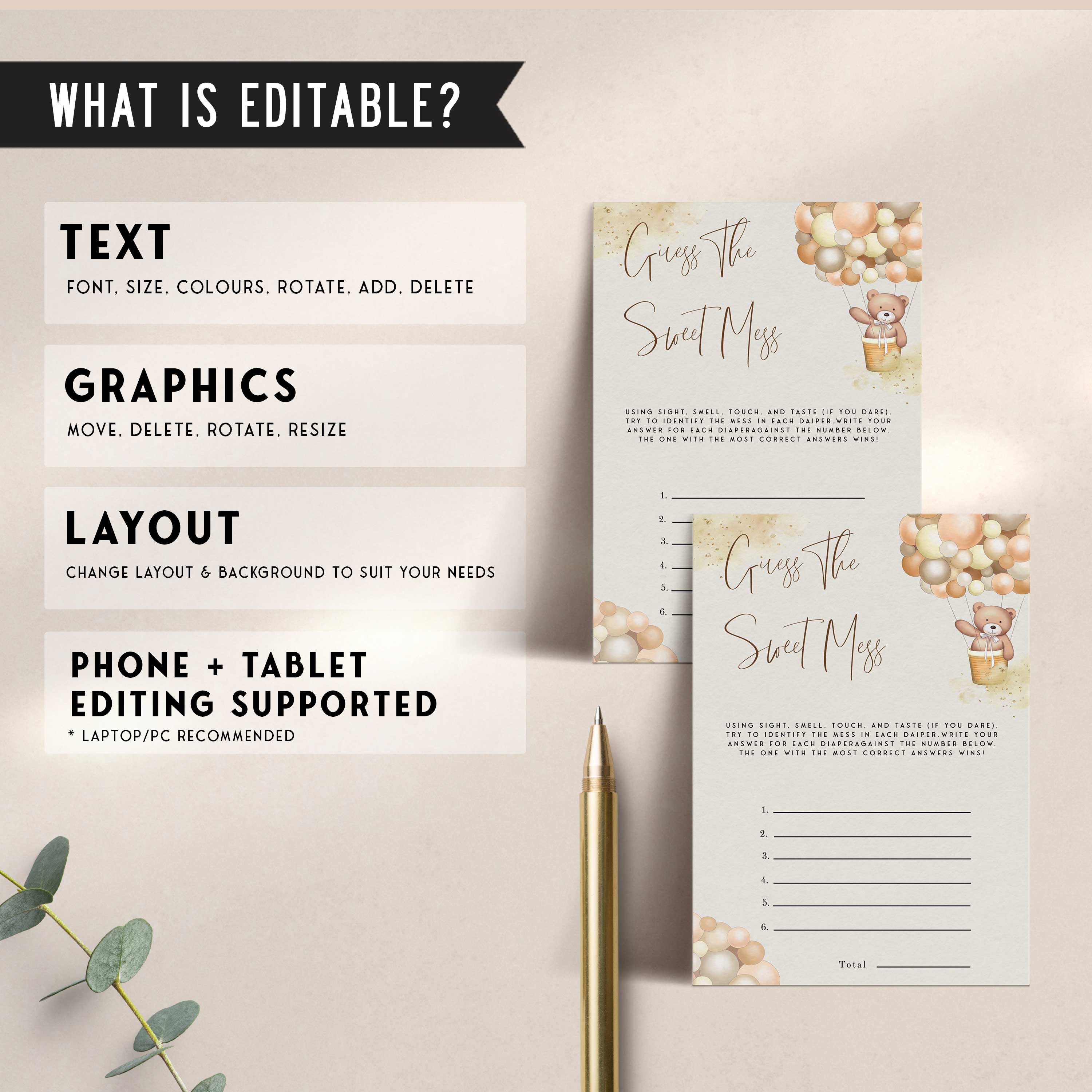 Fully editable and printable baby shower guess the sweet mess game with a hot air balloon teddy bear, we can bearly wait design. Perfect for a We Can Bearly Wait baby shower themed party