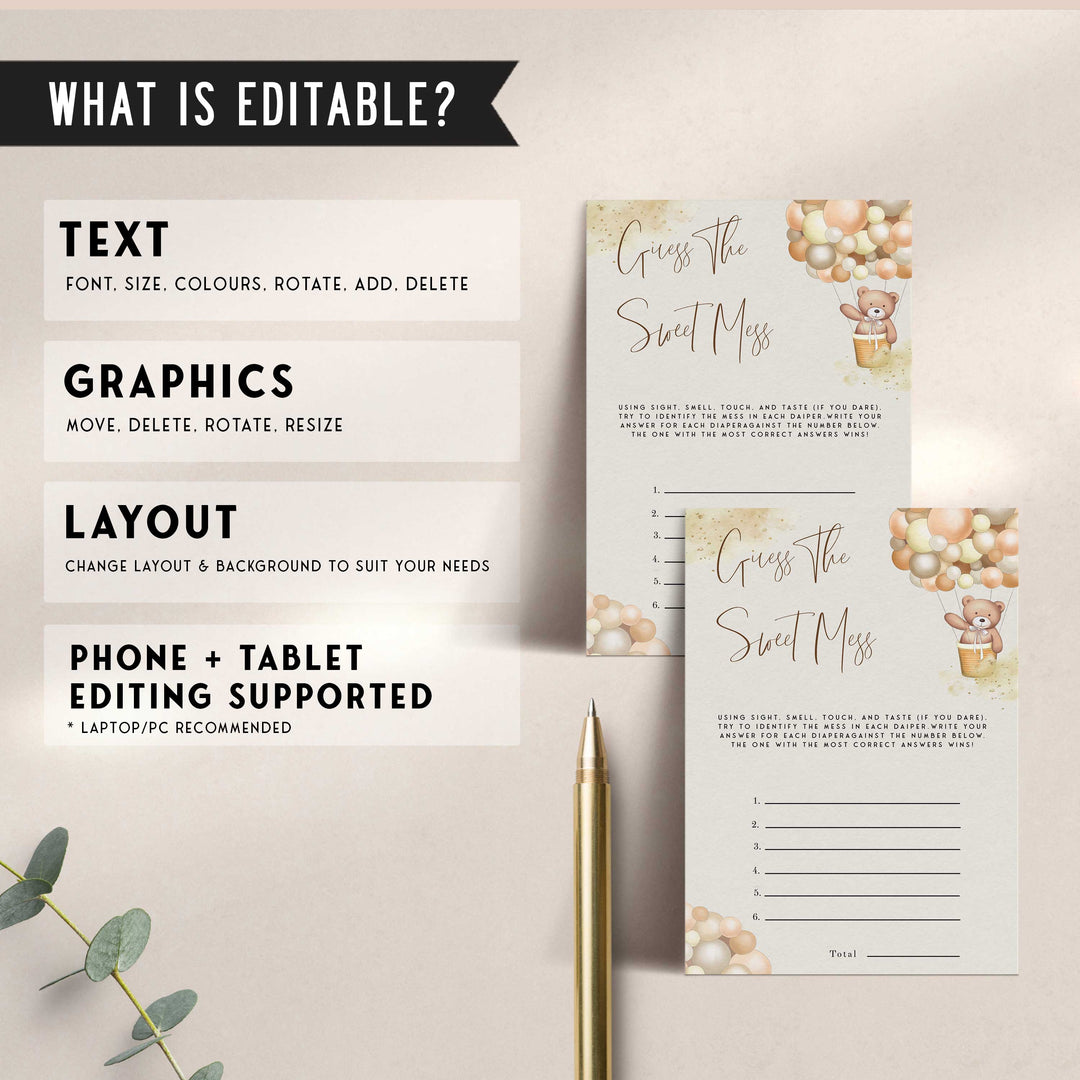Fully editable and printable baby shower guess the sweet mess game with a hot air balloon teddy bear, we can bearly wait design. Perfect for a We Can Bearly Wait baby shower themed party