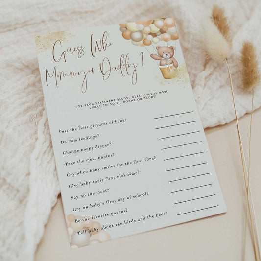 Fully editable and printable baby shower guess who said it game with a hot air balloon teddy bear, we can bearly wait design. Perfect for a We Can Bearly Wait baby shower themed party