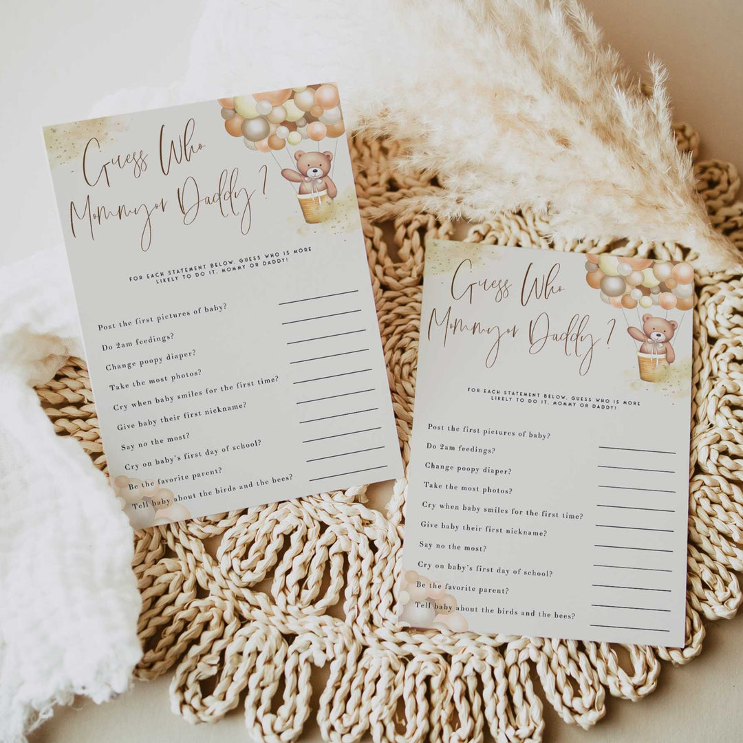 Fully editable and printable baby shower guess who said it game with a hot air balloon teddy bear, we can bearly wait design. Perfect for a We Can Bearly Wait baby shower themed party