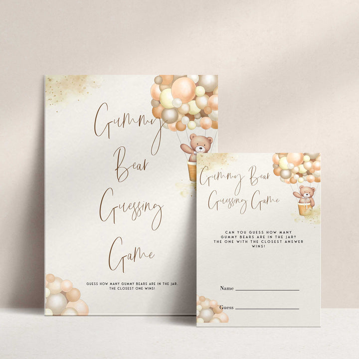 Fully editable and printable baby shower guess the gummy bears game with a hot air balloon teddy bear, we can bearly wait design. Perfect for a We Can Bearly Wait baby shower themed party