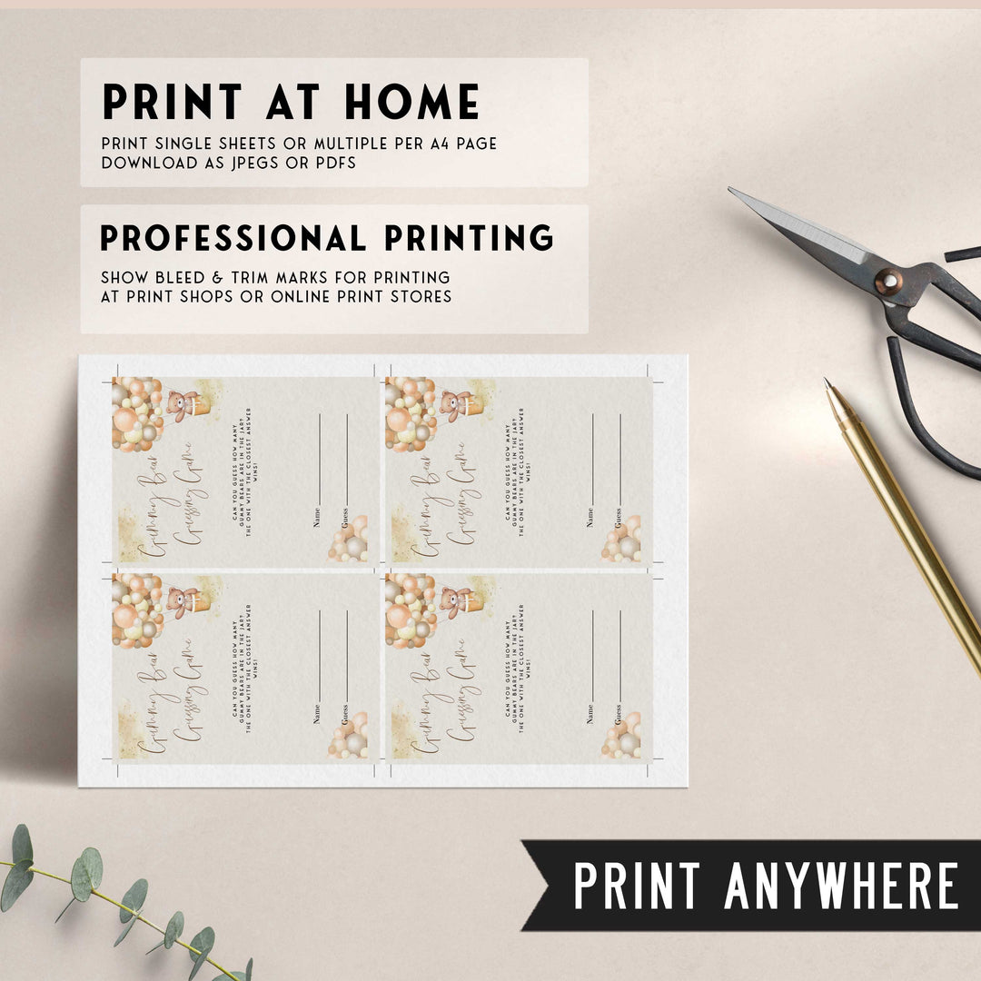 Fully editable and printable baby shower guess the gummy bears game with a hot air balloon teddy bear, we can bearly wait design. Perfect for a We Can Bearly Wait baby shower themed party