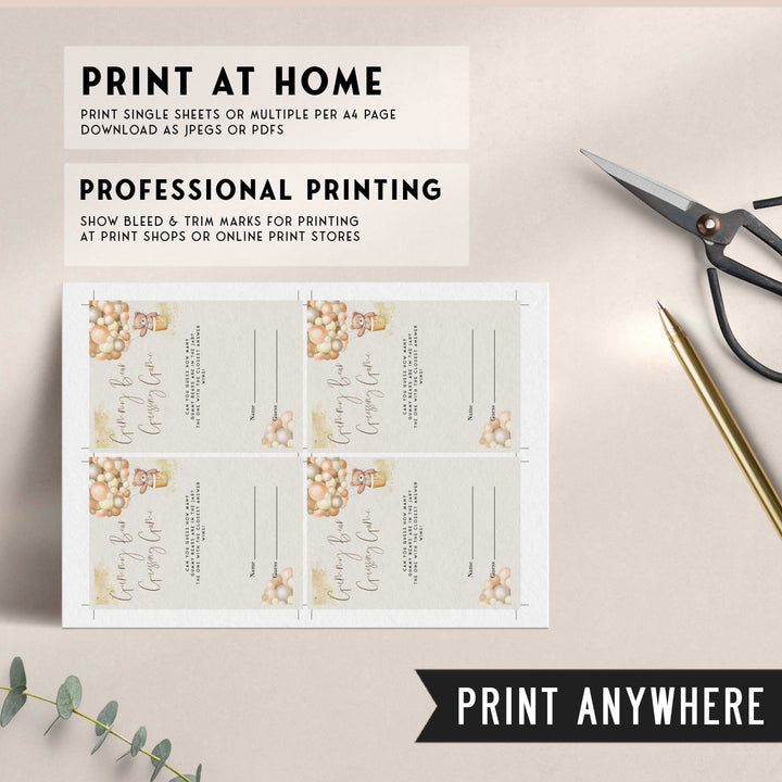 Fully editable and printable baby shower guess the gummy bears game with a hot air balloon teddy bear, we can bearly wait design. Perfect for a We Can Bearly Wait baby shower themed party