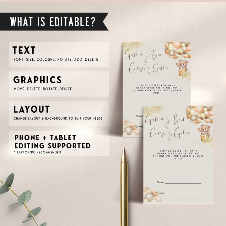Fully editable and printable baby shower guess the gummy bears game with a hot air balloon teddy bear, we can bearly wait design. Perfect for a We Can Bearly Wait baby shower themed party