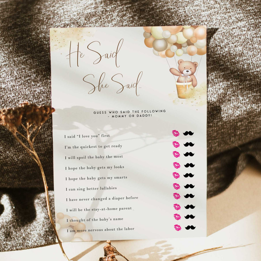 Fully editable and printable baby shower he said she said game with a hot air balloon teddy bear, we can bearly wait design. Perfect for a We Can Bearly Wait baby shower themed party