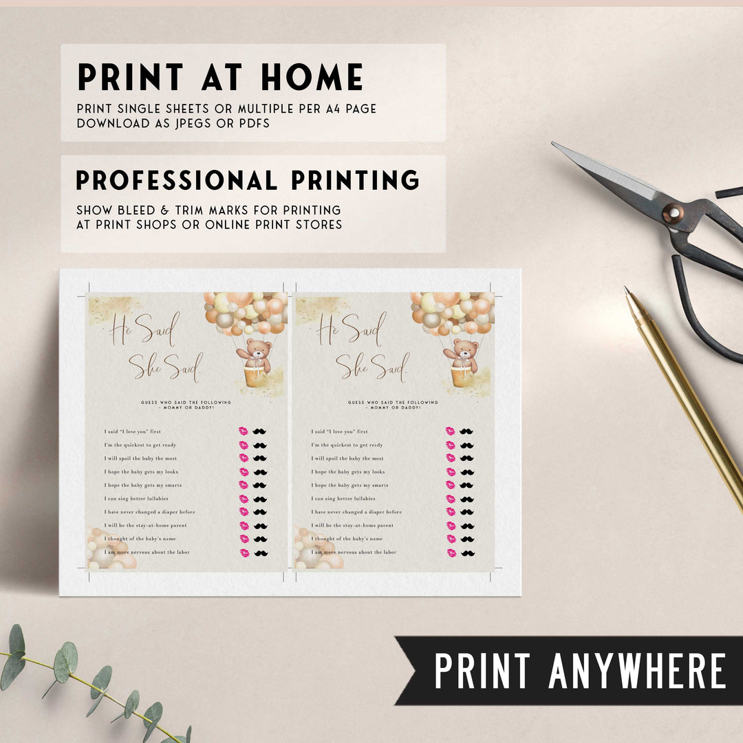 Fully editable and printable baby shower he said she said game with a hot air balloon teddy bear, we can bearly wait design. Perfect for a We Can Bearly Wait baby shower themed party