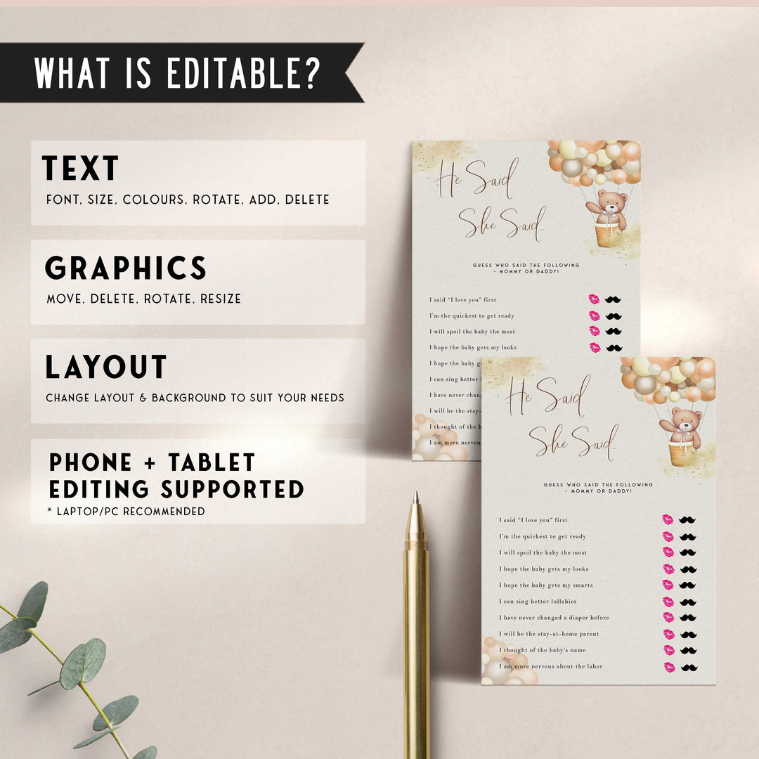 Fully editable and printable baby shower he said she said game with a hot air balloon teddy bear, we can bearly wait design. Perfect for a We Can Bearly Wait baby shower themed party