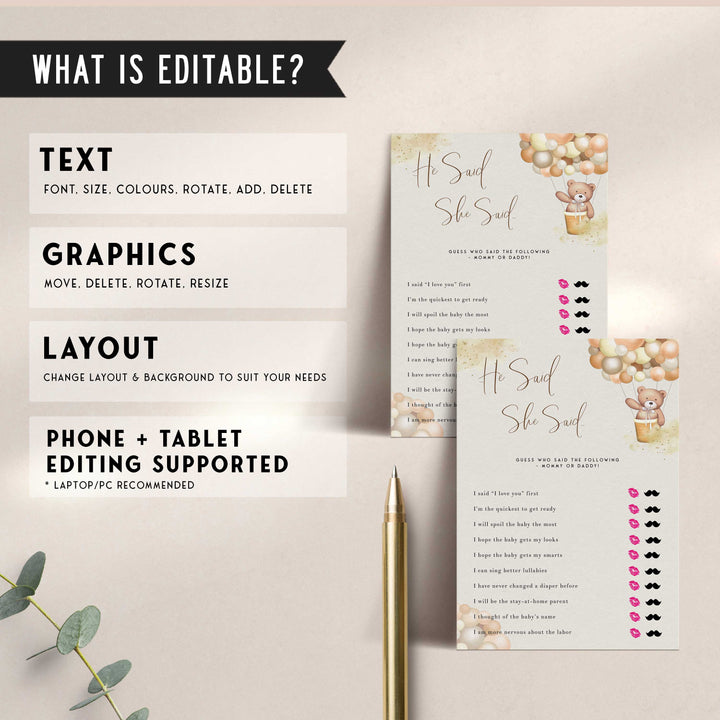 Fully editable and printable baby shower he said she said game with a hot air balloon teddy bear, we can bearly wait design. Perfect for a We Can Bearly Wait baby shower themed party