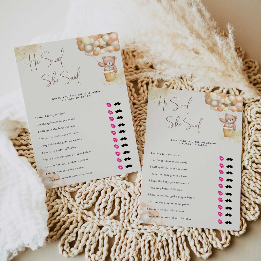 Fully editable and printable baby shower he said she said game with a hot air balloon teddy bear, we can bearly wait design. Perfect for a We Can Bearly Wait baby shower themed party