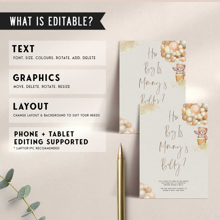 Fully editable and printable baby shower how big is mommys belly game with a hot air balloon teddy bear, we can bearly wait design. Perfect for a We Can Bearly Wait baby shower themed party