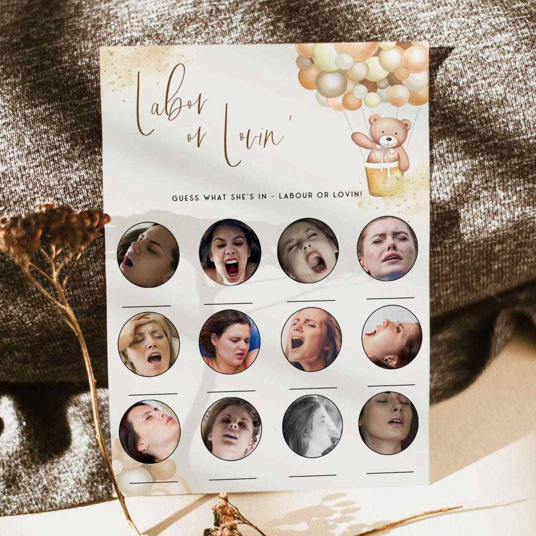 Fully editable and printable baby shower labor or lovin game with a hot air balloon teddy bear, we can bearly wait design. Perfect for a We Can Bearly Wait baby shower themed party