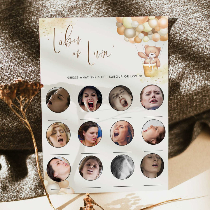 Fully editable and printable baby shower labor or lovin game with a hot air balloon teddy bear, we can bearly wait design. Perfect for a We Can Bearly Wait baby shower themed party
