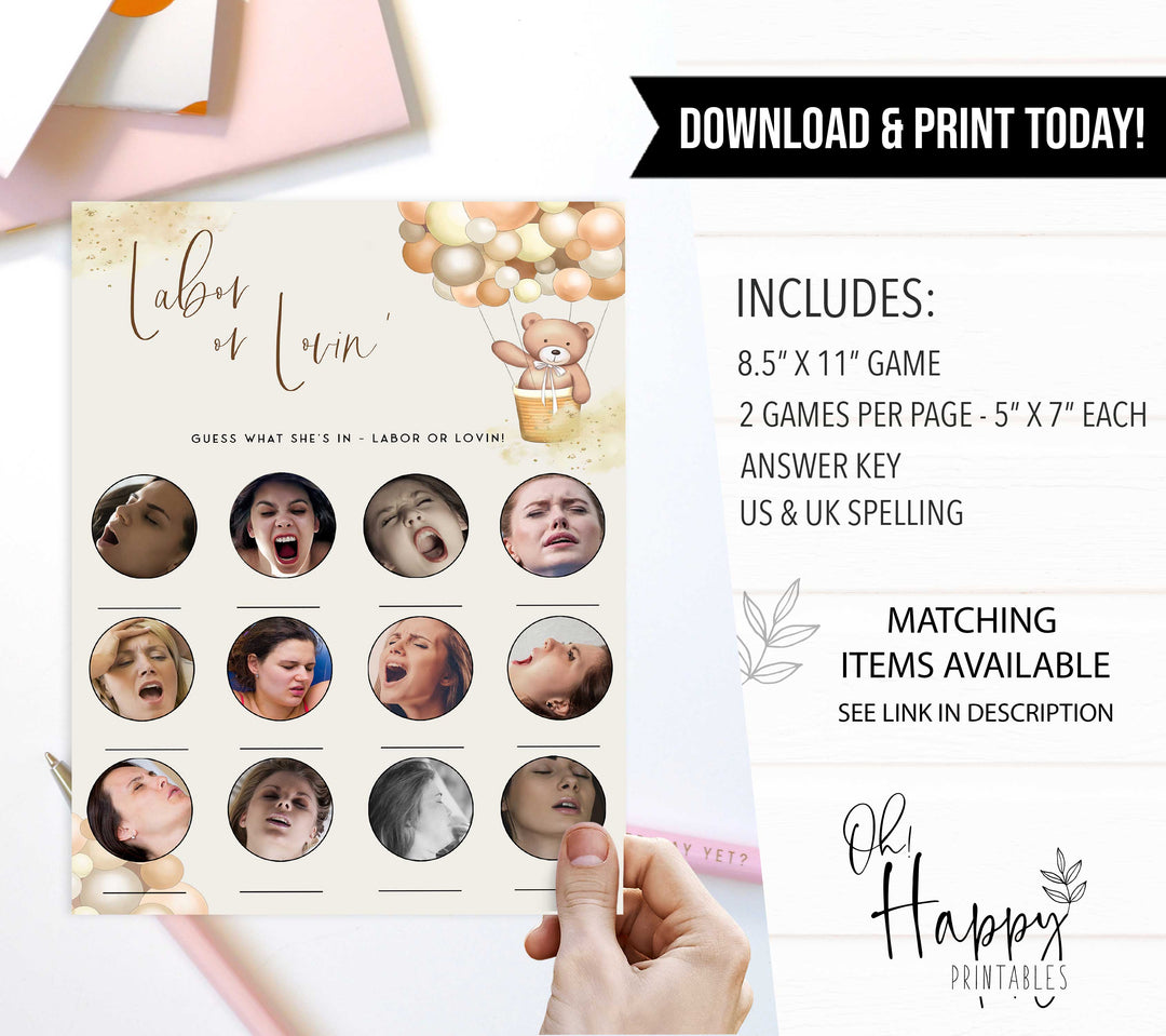 Fully editable and printable baby shower labor or lovin game with a hot air balloon teddy bear, we can bearly wait design. Perfect for a We Can Bearly Wait baby shower themed party
