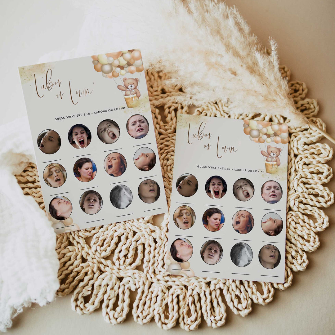 Fully editable and printable baby shower labor or lovin game with a hot air balloon teddy bear, we can bearly wait design. Perfect for a We Can Bearly Wait baby shower themed party