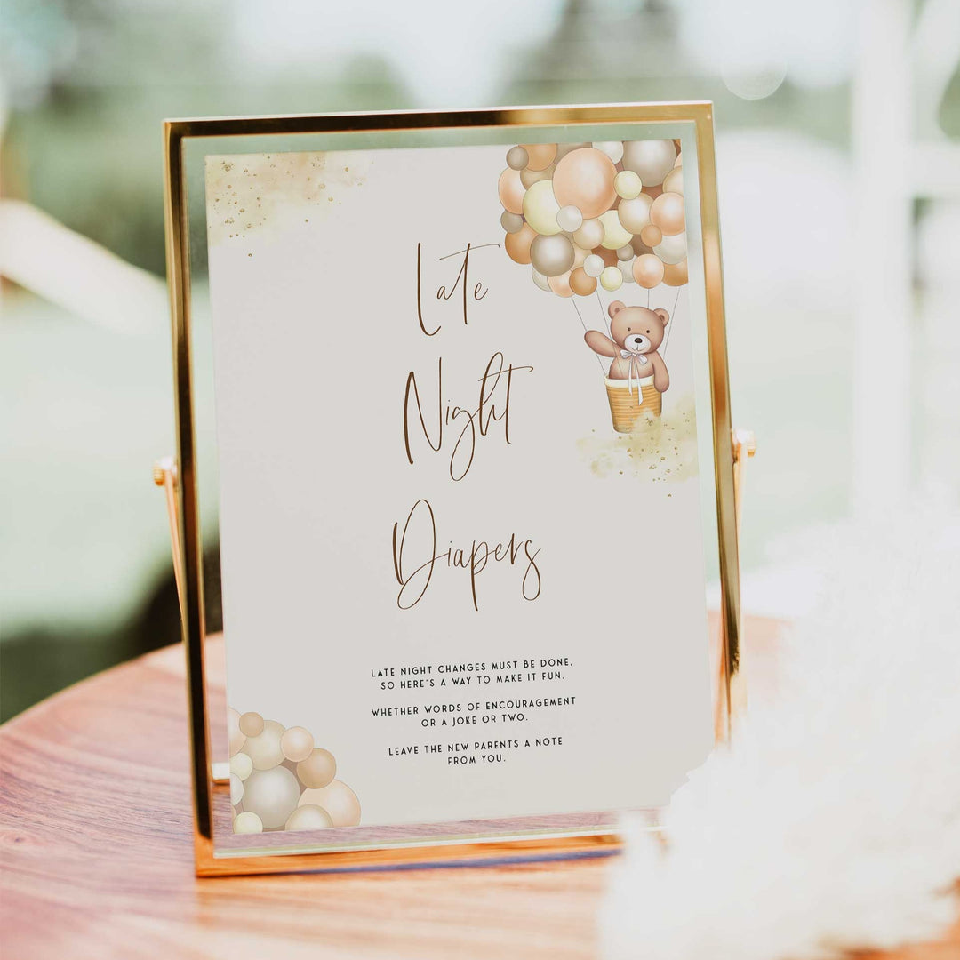 Fully editable and printable baby shower late night diapers game with a hot air balloon teddy bear, we can bearly wait design. Perfect for a We Can Bearly Wait baby shower themed party