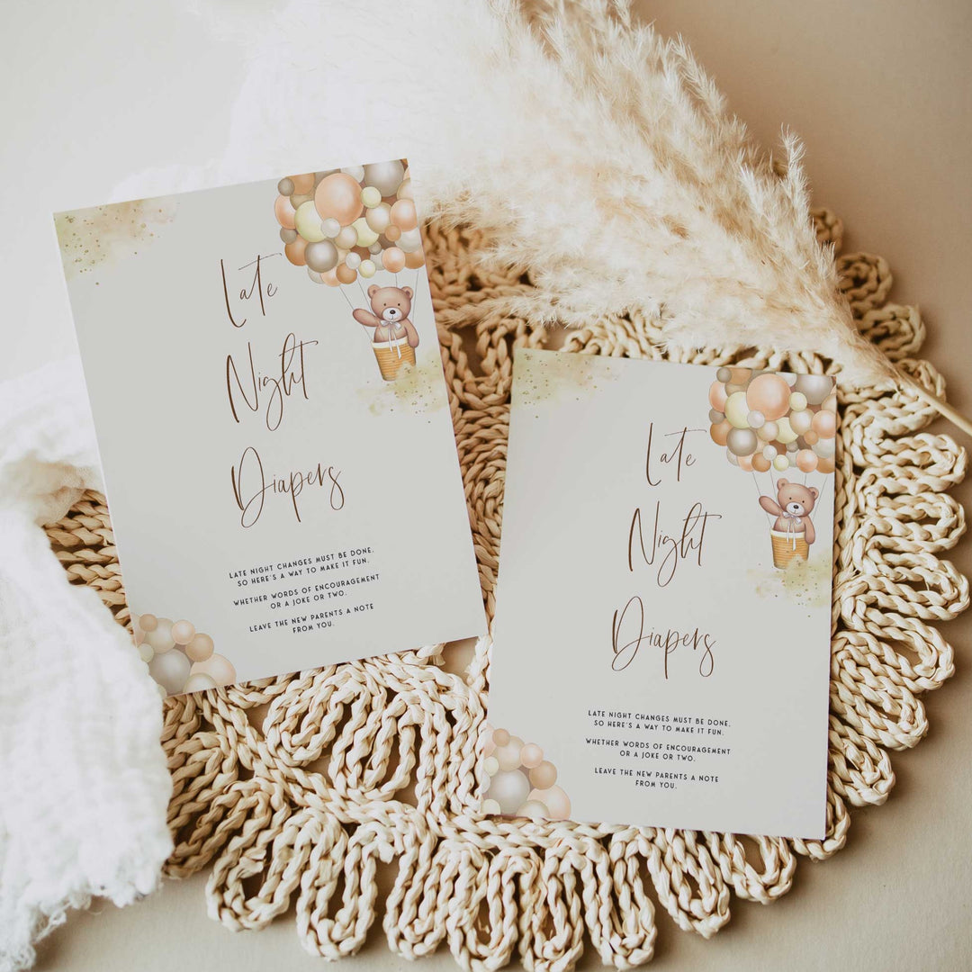 Fully editable and printable baby shower late night diapers game with a hot air balloon teddy bear, we can bearly wait design. Perfect for a We Can Bearly Wait baby shower themed party