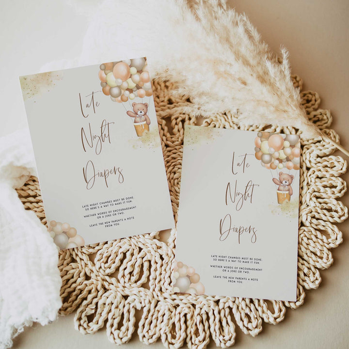 Fully editable and printable baby shower late night diapers game with a hot air balloon teddy bear, we can bearly wait design. Perfect for a We Can Bearly Wait baby shower themed party