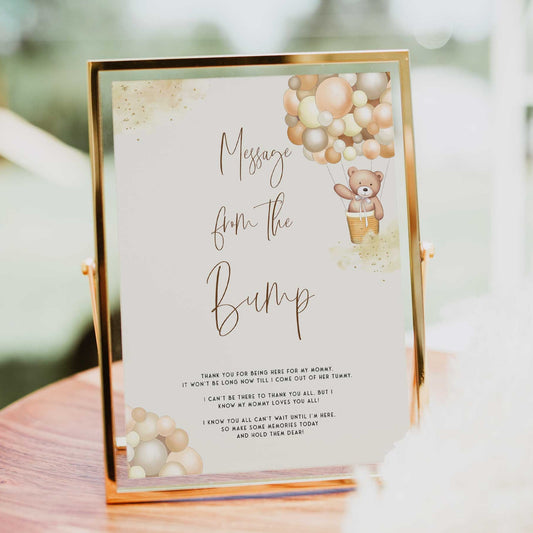 Fully editable and printable baby shower message from the bump game with a hot air balloon teddy bear, we can bearly wait design. Perfect for a We Can Bearly Wait baby shower themed party