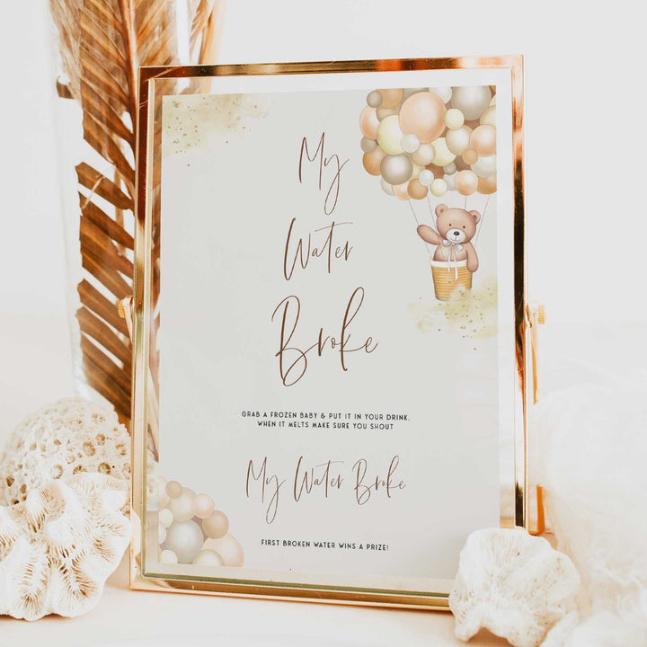 Fully editable and printable baby shower my water broke game with a hot air balloon teddy bear, we can bearly wait design. Perfect for a We Can Bearly Wait baby shower themed party
