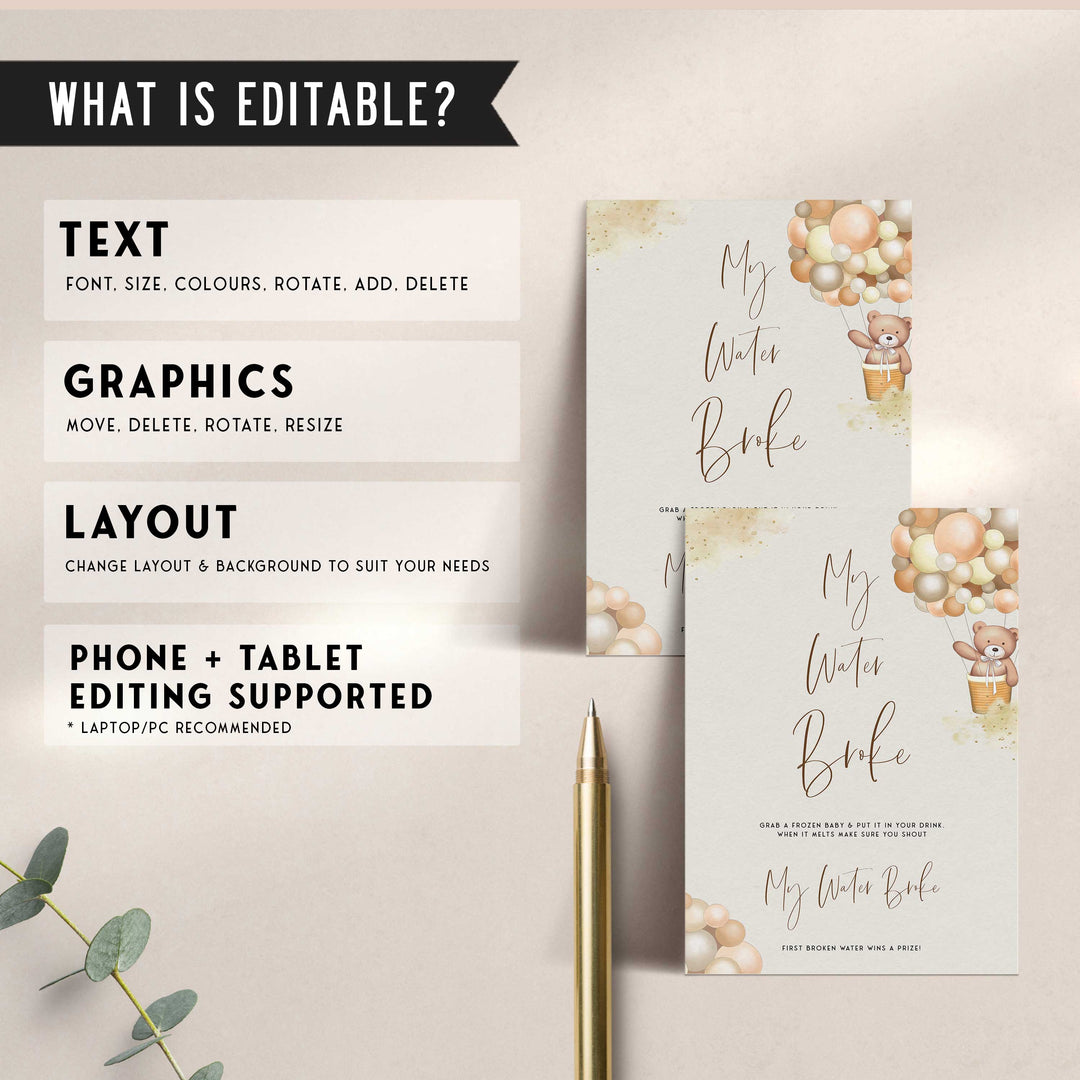 Fully editable and printable baby shower my water broke game with a hot air balloon teddy bear, we can bearly wait design. Perfect for a We Can Bearly Wait baby shower themed party