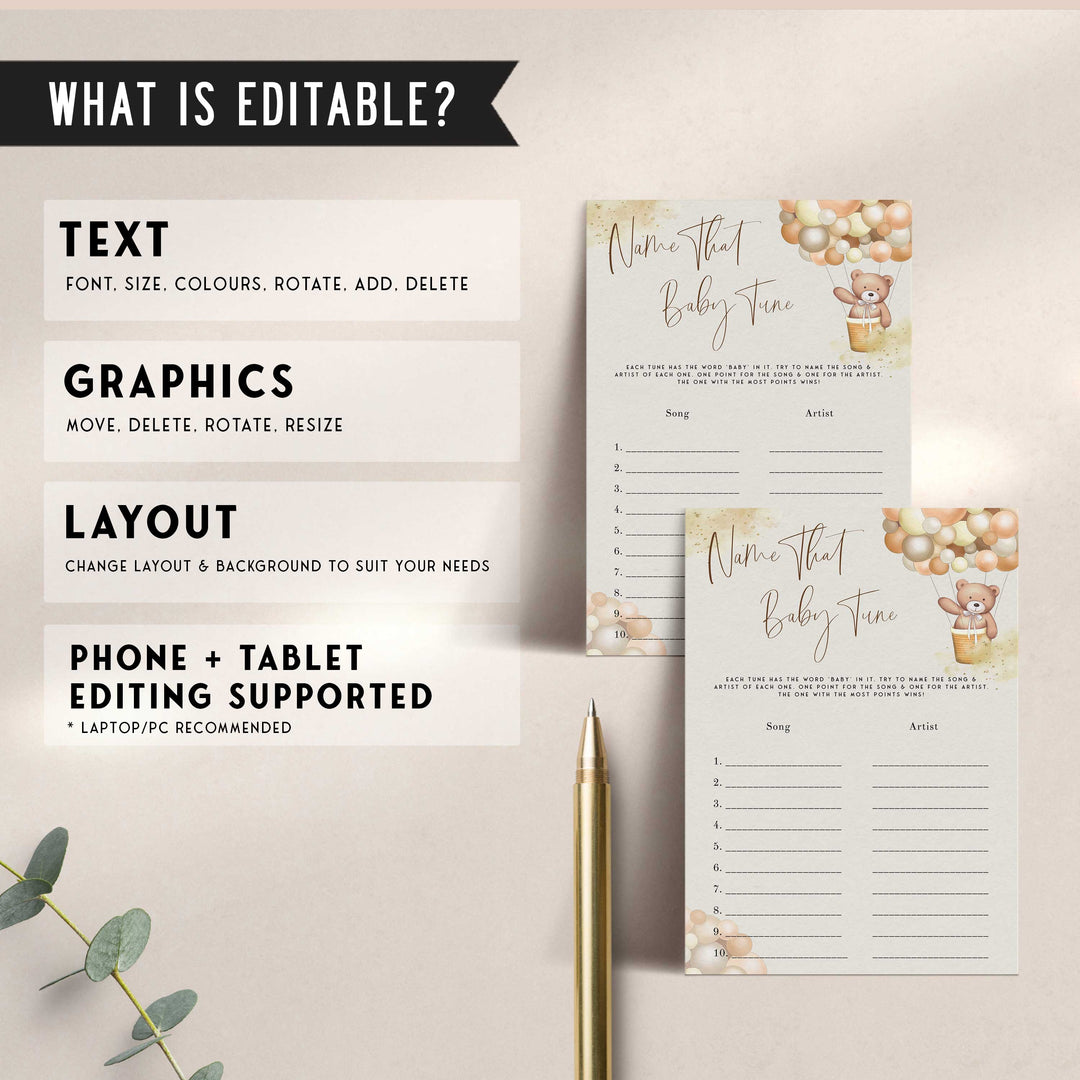 Fully editable and printable baby shower name that baby tune game with a hot air balloon teddy bear, we can bearly wait design. Perfect for a We Can Bearly Wait baby shower themed party