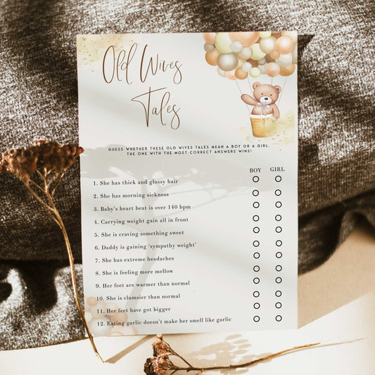 Fully editable and printable baby shower old wives tales game with a hot air balloon teddy bear, we can bearly wait design. Perfect for a We Can Bearly Wait baby shower themed party