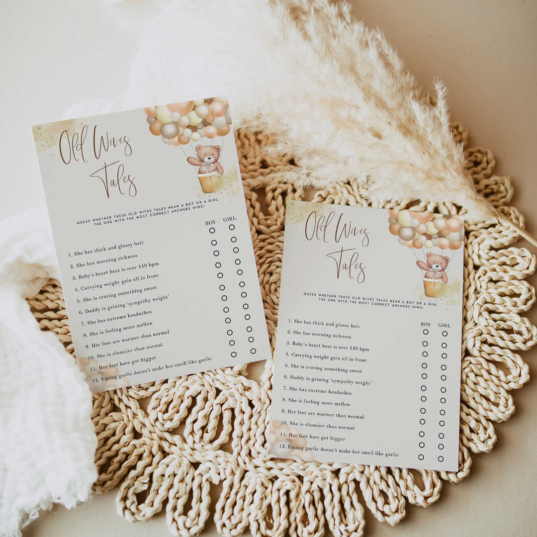 Fully editable and printable baby shower old wives tales game with a hot air balloon teddy bear, we can bearly wait design. Perfect for a We Can Bearly Wait baby shower themed party