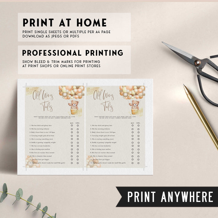 Fully editable and printable baby shower old wives tales game with a hot air balloon teddy bear, we can bearly wait design. Perfect for a We Can Bearly Wait baby shower themed party