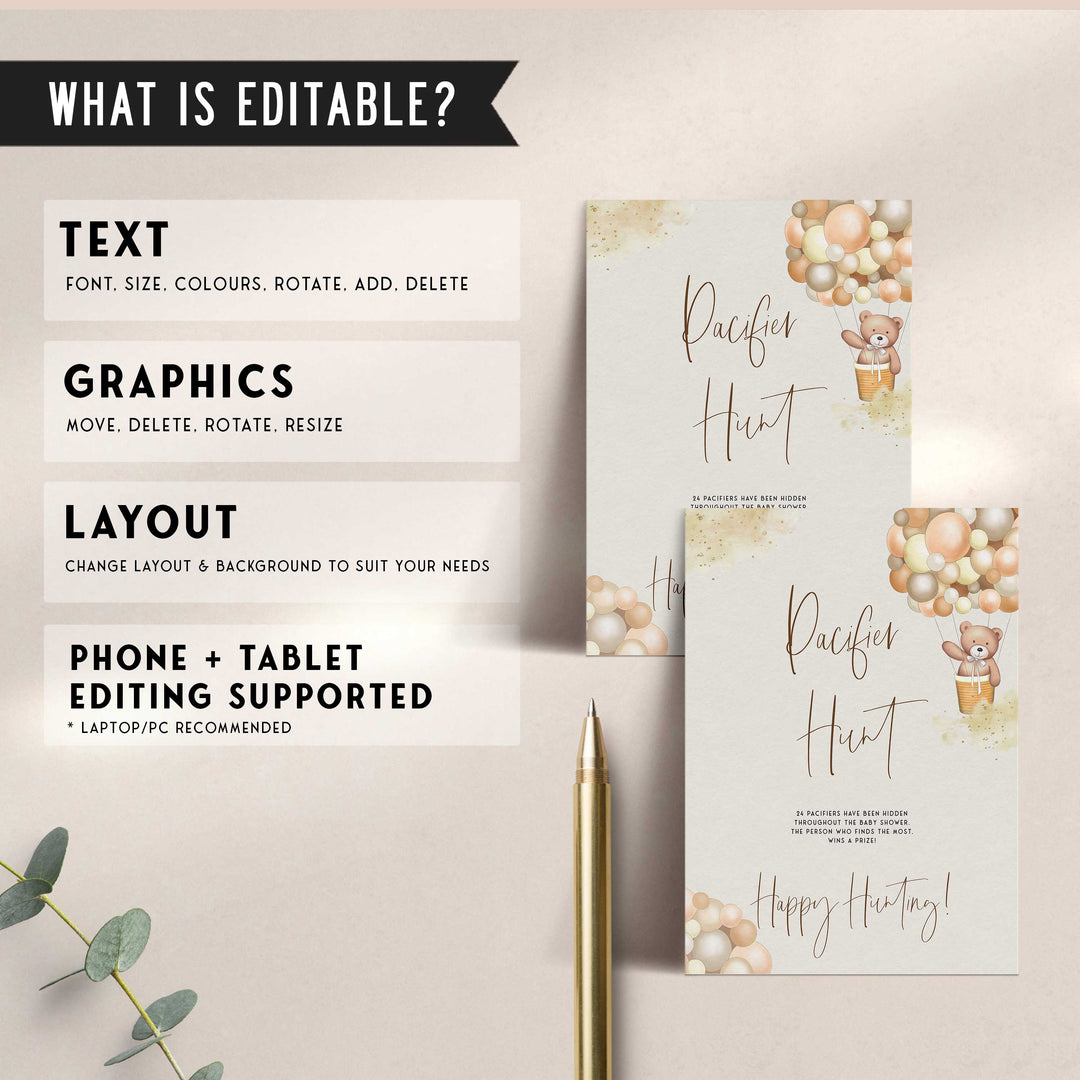 Fully editable and printable baby shower pacifier hunt game with a hot air balloon teddy bear, we can bearly wait design. Perfect for a We Can Bearly Wait baby shower themed party