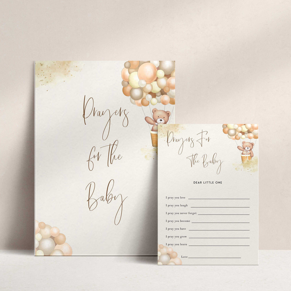 Fully editable and printable baby shower prayers for the baby game with a hot air balloon teddy bear, we can bearly wait design. Perfect for a We Can Bearly Wait baby shower themed party