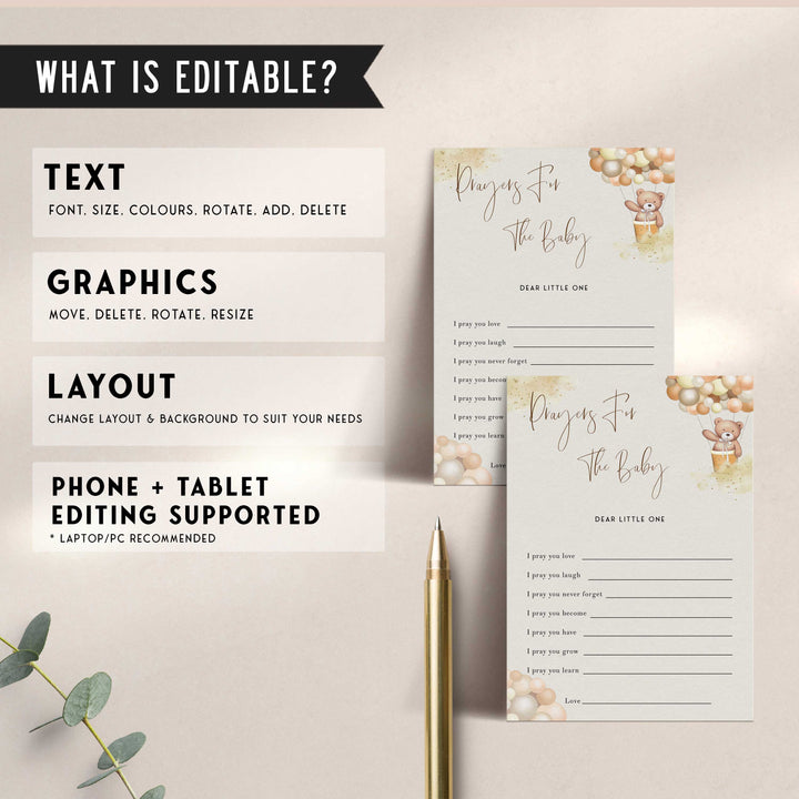 Fully editable and printable baby shower prayers for the baby game with a hot air balloon teddy bear, we can bearly wait design. Perfect for a We Can Bearly Wait baby shower themed party