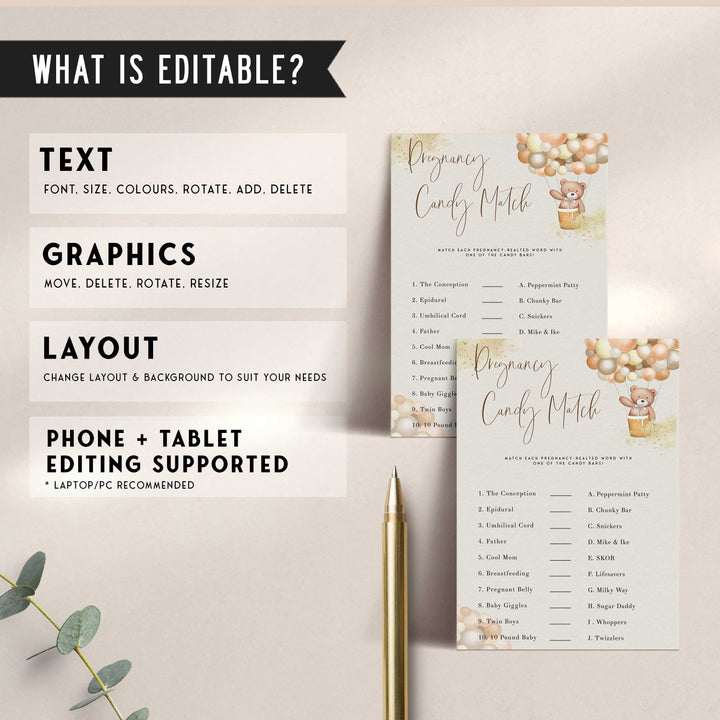 Fully editable and printable baby shower pregnancy candy match game with a hot air balloon teddy bear, we can bearly wait design. Perfect for a We Can Bearly Wait baby shower themed party