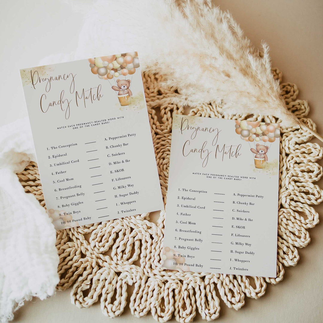 Fully editable and printable baby shower pregnancy candy match game with a hot air balloon teddy bear, we can bearly wait design. Perfect for a We Can Bearly Wait baby shower themed party