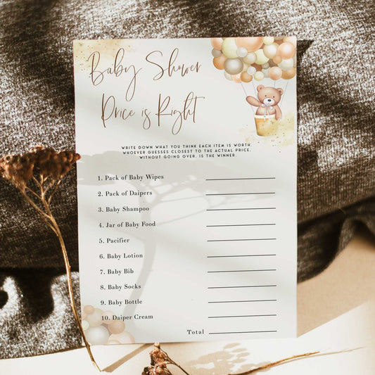 Fully editable and printable baby shower price is right game with a hot air balloon teddy bear, we can bearly wait design. Perfect for a We Can Bearly Wait baby shower themed party