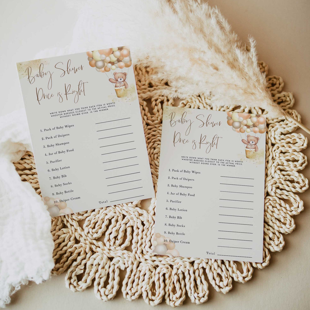 Fully editable and printable baby shower price is right game with a hot air balloon teddy bear, we can bearly wait design. Perfect for a We Can Bearly Wait baby shower themed party