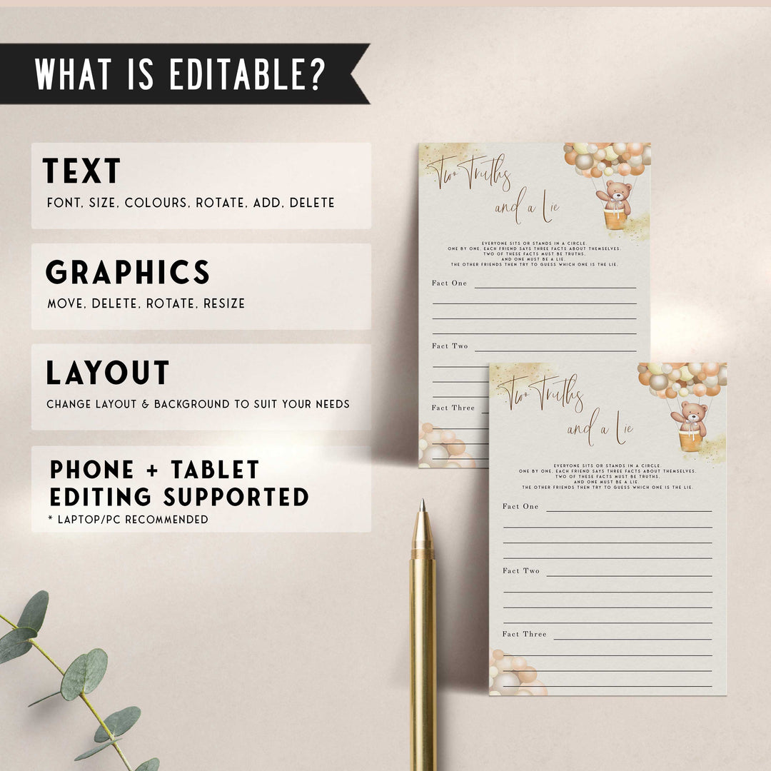 Fully editable and printable baby shower two truths and a lie game with a hot air balloon teddy bear, we can bearly wait design. Perfect for a We Can Bearly Wait baby shower themed party