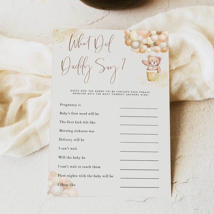 Fully editable and printable baby shower who knows daddy best game with a hot air balloon teddy bear, we can bearly wait design. Perfect for a We Can Bearly Wait baby shower themed party