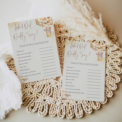 Fully editable and printable baby shower who knows daddy best game with a hot air balloon teddy bear, we can bearly wait design. Perfect for a We Can Bearly Wait baby shower themed party