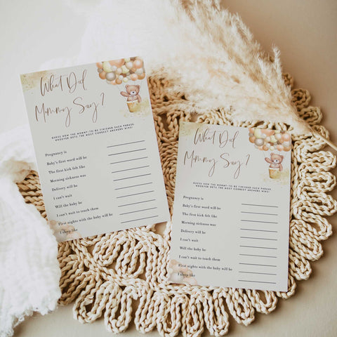 Fully editable and printable baby shower what did mommy say game with a hot air balloon teddy bear, we can bearly wait design. Perfect for a We Can Bearly Wait baby shower themed party