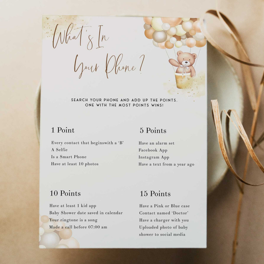 Fully editable and printable baby shower what's in your phone game with a hot air balloon teddy bear, we can bearly wait design. Perfect for a We Can Bearly Wait baby shower themed party