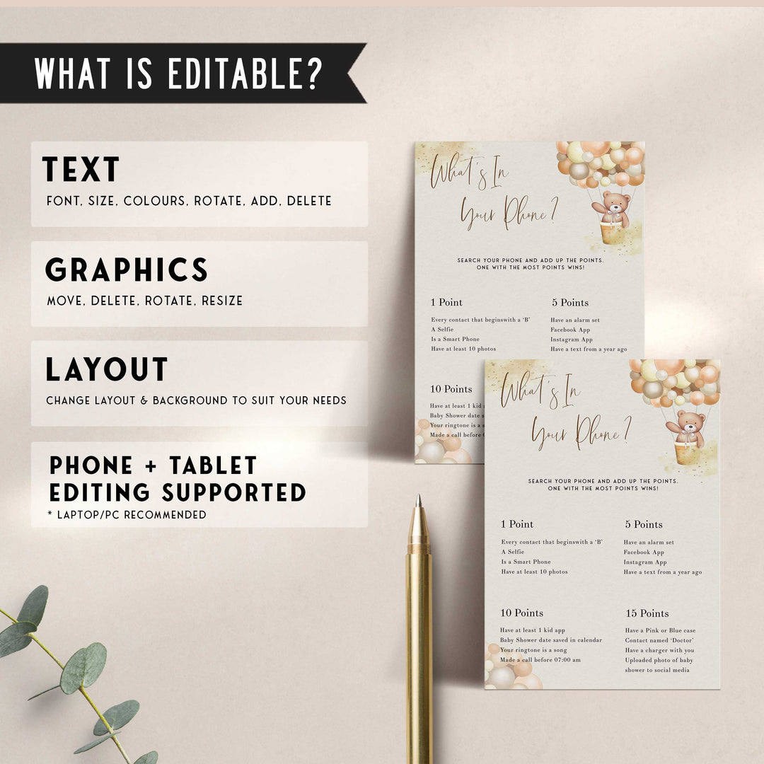 Fully editable and printable baby shower what's in your phone game with a hot air balloon teddy bear, we can bearly wait design. Perfect for a We Can Bearly Wait baby shower themed party