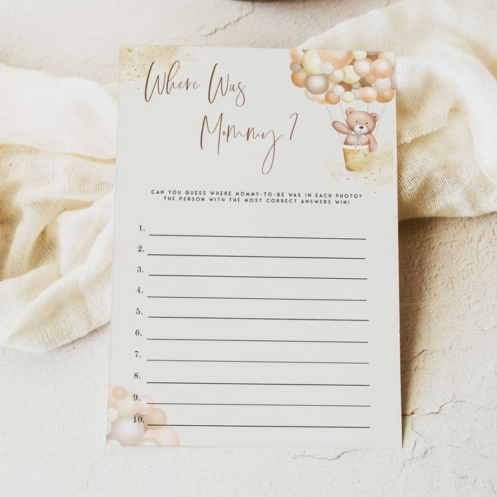 Fully editable and printable baby shower where was mommy game with a hot air balloon teddy bear, we can bearly wait design. Perfect for a We Can Bearly Wait baby shower themed party