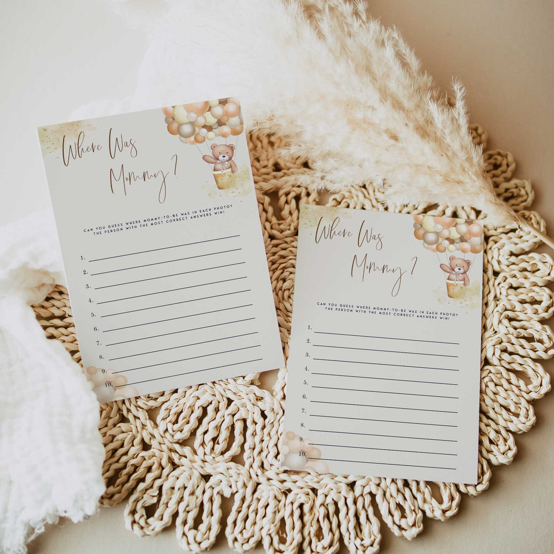 Fully editable and printable baby shower where was mommy game with a hot air balloon teddy bear, we can bearly wait design. Perfect for a We Can Bearly Wait baby shower themed party