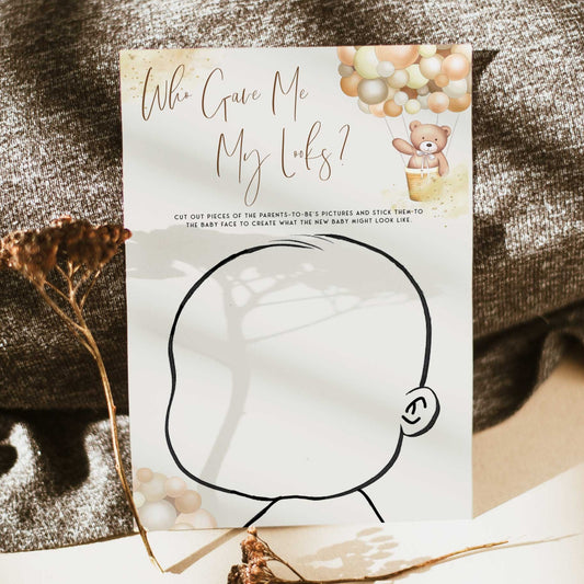 Fully editable and printable baby shower who gave me my looks game with a hot air balloon teddy bear, we can bearly wait design. Perfect for a We Can Bearly Wait baby shower themed party