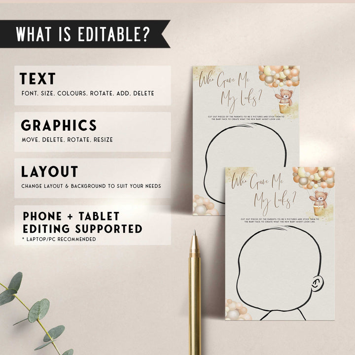 Fully editable and printable baby shower who gave me my looks game with a hot air balloon teddy bear, we can bearly wait design. Perfect for a We Can Bearly Wait baby shower themed party