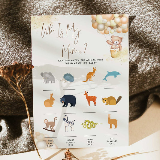 Fully editable and printable baby shower who is my mama game with a hot air balloon teddy bear, we can bearly wait design. Perfect for a We Can Bearly Wait baby shower themed party