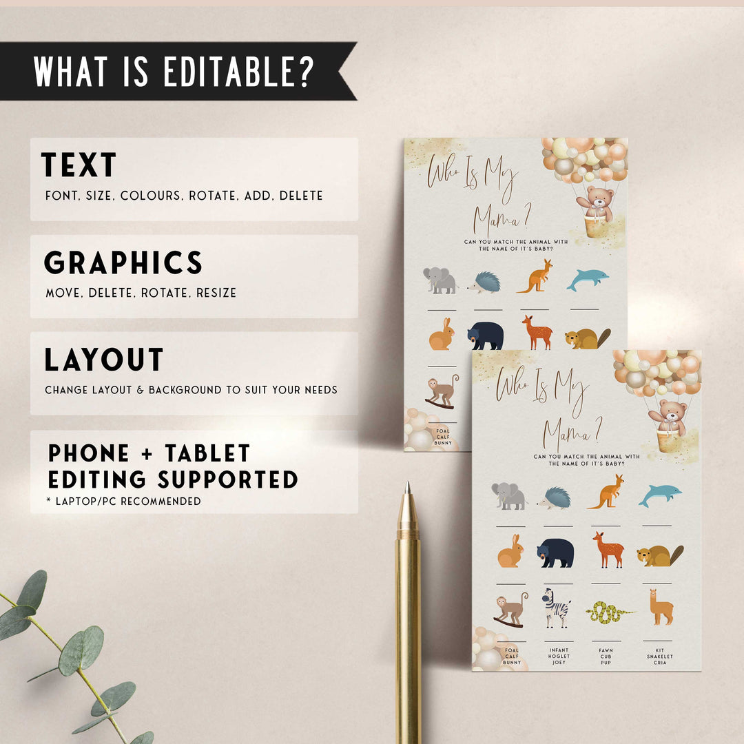 Fully editable and printable baby shower who is my mama game with a hot air balloon teddy bear, we can bearly wait design. Perfect for a We Can Bearly Wait baby shower themed party