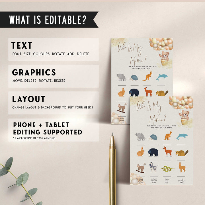 Fully editable and printable baby shower who is my mama game with a hot air balloon teddy bear, we can bearly wait design. Perfect for a We Can Bearly Wait baby shower themed party
