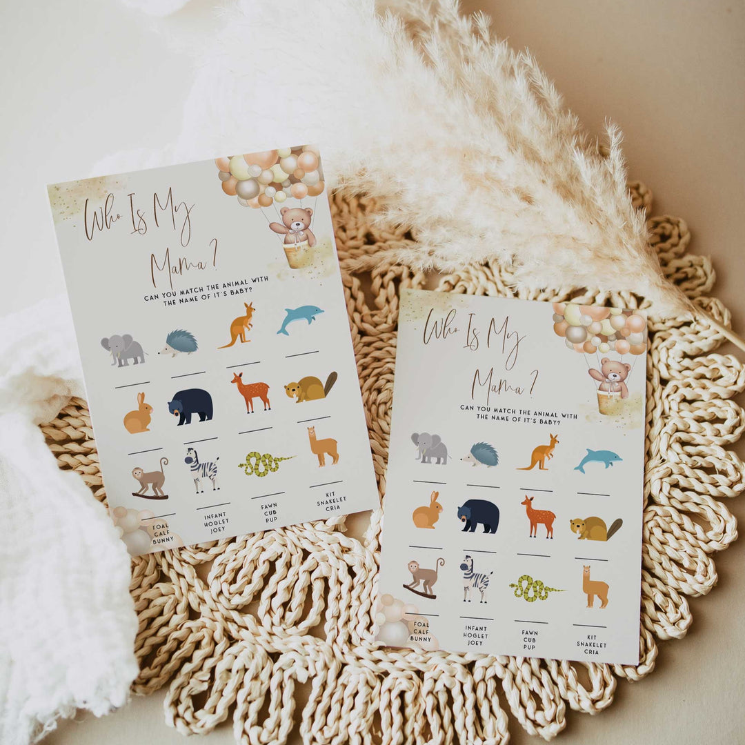 Fully editable and printable baby shower who is my mama game with a hot air balloon teddy bear, we can bearly wait design. Perfect for a We Can Bearly Wait baby shower themed party