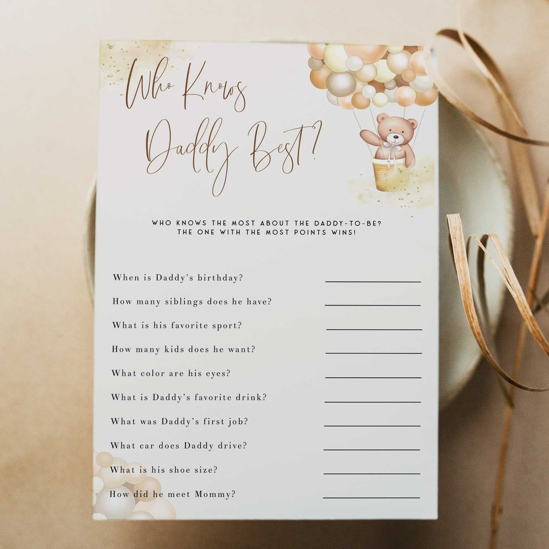 Fully editable and printable baby shower who knows daddy best game with a hot air balloon teddy bear, we can bearly wait design. Perfect for a We Can Bearly Wait baby shower themed party